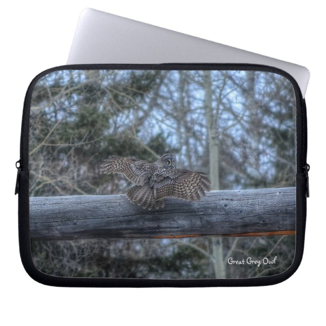 Flying Great Grey Owl Raptor Winter Wildlife Photo Laptop Sleeve (Front)
