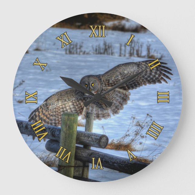 Flying Great Grey Owl Wildlife Photo Portrait II Large Clock (Front)