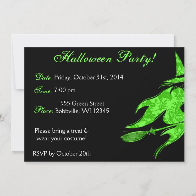 Flying Green Witch Halloween Invitation (Front)