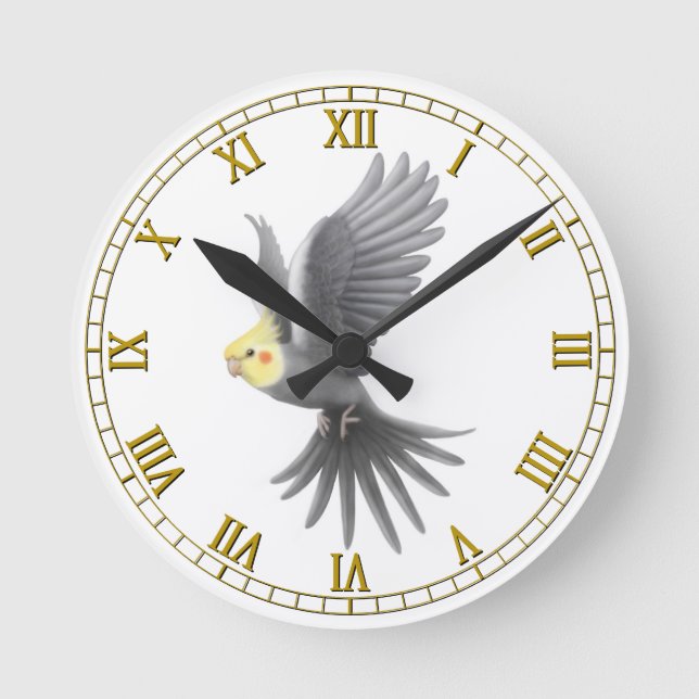 Flying Grey Cockatiel Parrot Wall Clock (Front)