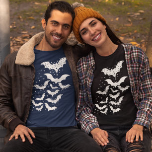 Flying Halloween Galaxy White Bats and Stars T-Shirt