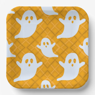 Flying Halloween Ghosts on Orange Plaid Paper Plate