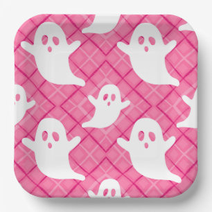 Flying Halloween Ghosts on Pink Plaid Paper Plate