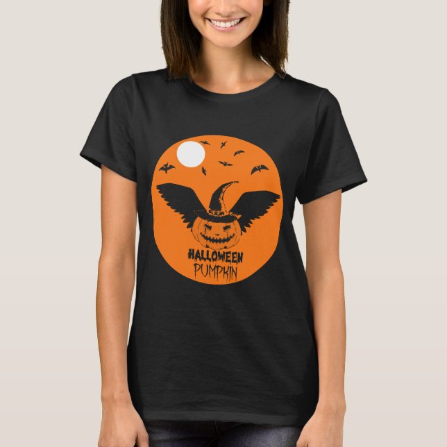 Flying Halloween Pumpkin with Witch Hat and Bats T-Shirt (Front)