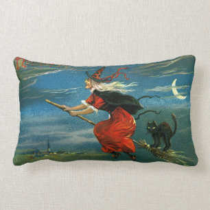 Flying Halloween Witch with Cat Lumbar Cushion