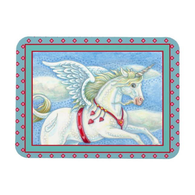 FLYING HEARTS WHITE UNICORN, FANTASY PEGASUS MAGNET (Horizontal)