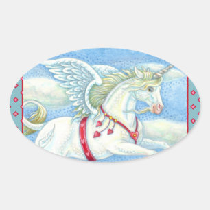FLYING HEARTS WHITE UNICORN, FANTASY PEGASUS OVAL STICKER