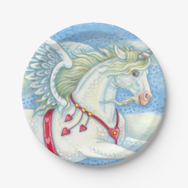FLYING HEARTS WHITE UNICORN, FANTASY PEGASUS PAPER PLATE (Front)