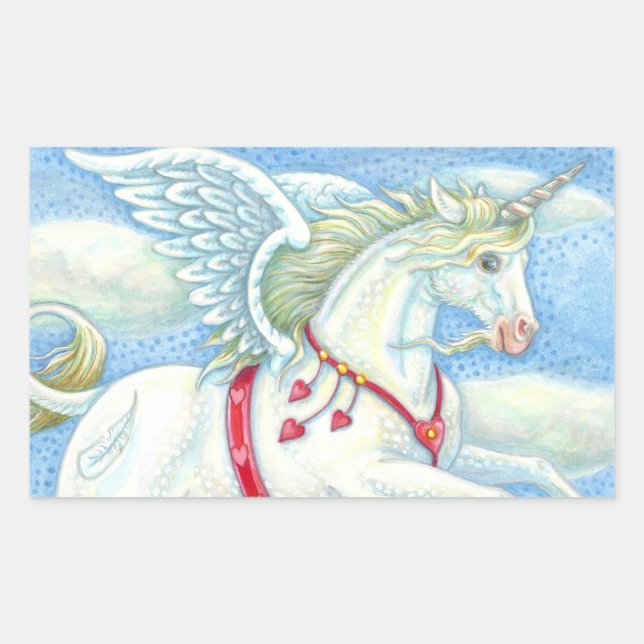 FLYING HEARTS WHITE UNICORN, FANTASY PEGASUS RECTANGULAR STICKER (Front)
