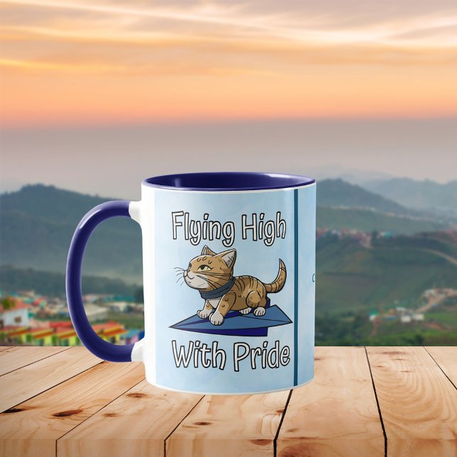 Flying High With Pride, Cat Stands on Paper Plane Mug (Creator Uploaded)