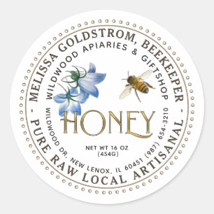 Flying Honeybee Blue Flower Artisanal Honey Classic Round Sticker