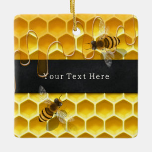 Flying Honeybees over Yellow Honeycomb Custom Ceramic Ornament