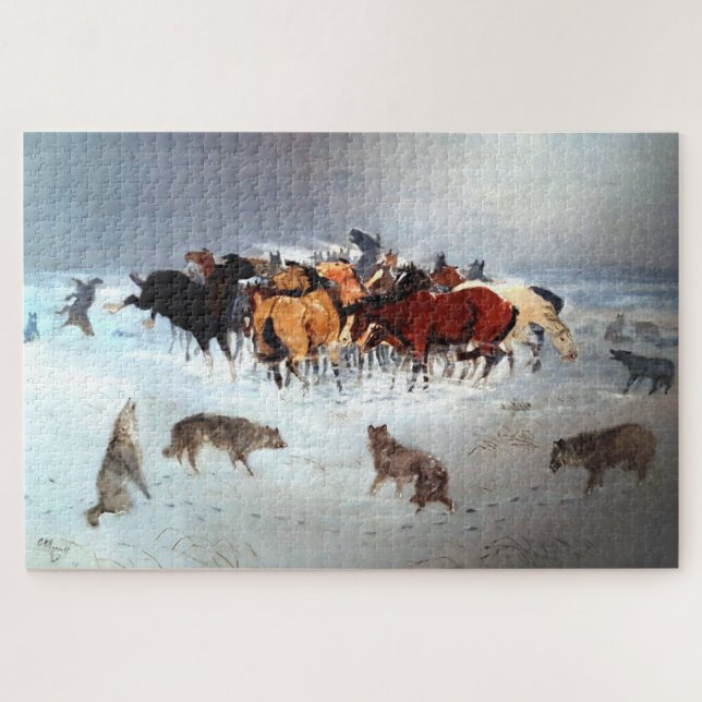 Flying hoofs Wolf Pack Attacking Horses C Russell Jigsaw Puzzle (Horizontal)