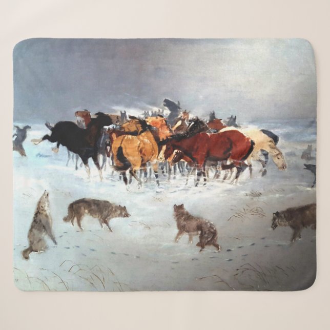 Flying Hoofs Wolf Pack Attacking Horses Rustic Dog Sherpa Blanket (Front (Horizontal))
