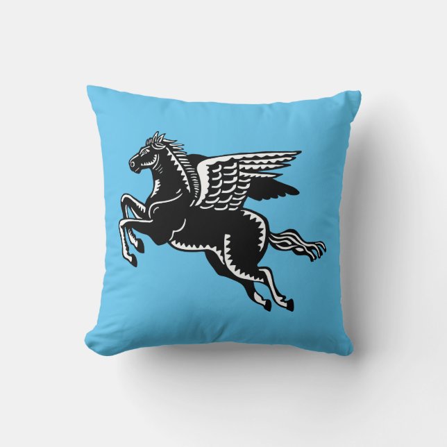 Flying Horse - Black and White on Sky Blue Cushion (Front)