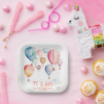 Flying hot air balloons its a girl fun paper plate<br><div class="desc">Baby shower enchanting Watercolor Flying Hot Air Balloons baby shower "it's a girl" red text paper plate. This whimsical design showcases colourful hand-painted style hot air balloons drifting among fluffy cloud. The delicate watercolor style with soft pastel colours sets the stage for a joyful celebration. With customisable details for you...</div>