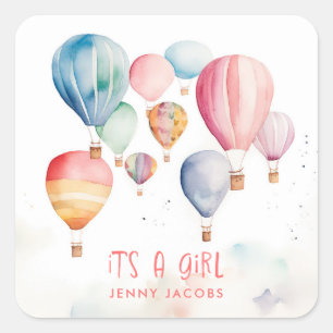 Flying hot air balloons it's a girl paper fun square sticker