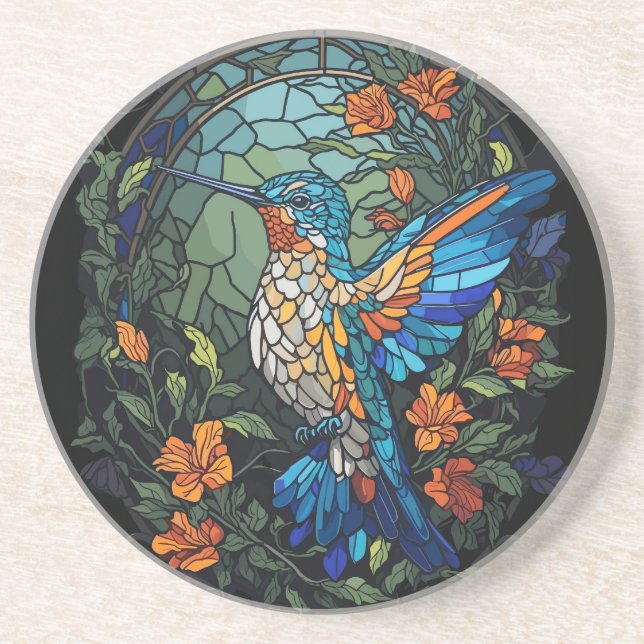 Flying Humming Bird Colourful Stained Glass Coaster (Front)