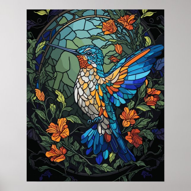 Flying Humming Bird Colourful Stained Glass Poster (Front)