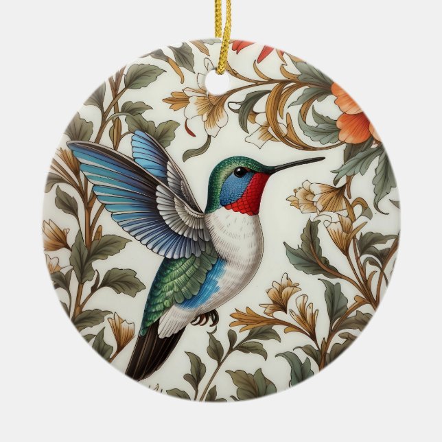 Flying Hummingbird William Morris Inspired Ceramic Ornament (Front)
