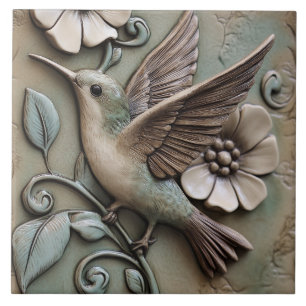 Flying Hummingbird with Flowers Faux Relief Ceramic Tile