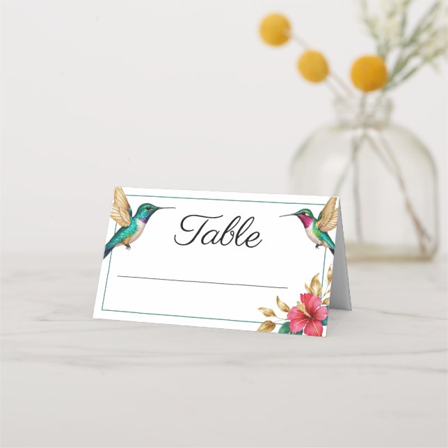 Flying Hummingbirds Red Tropical Flower Wedding Place Card (Front)