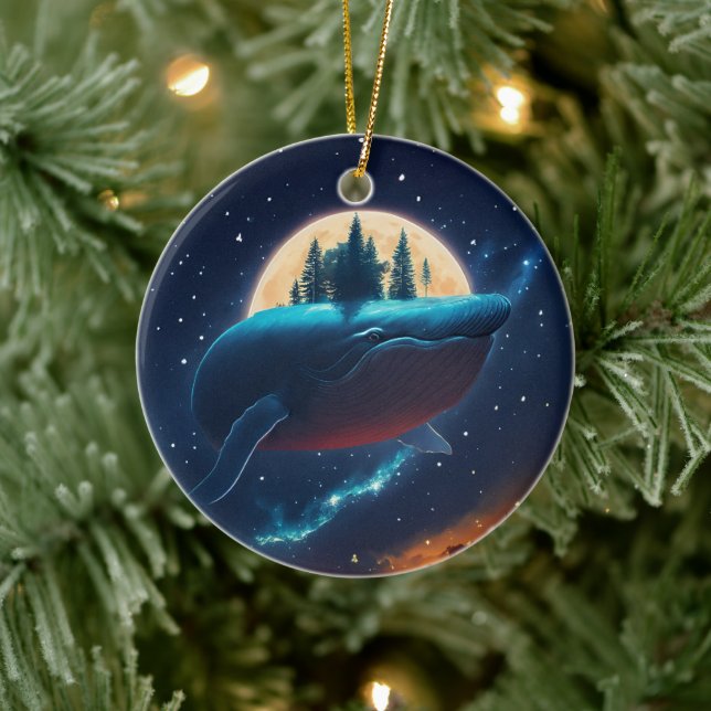 Flying Humpback Whale Moonlight Sea Starry Forests Ceramic Ornament (Tree)