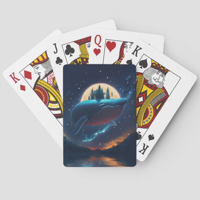 Flying Humpback Whale Moonlight Sea Starry Forests Playing Cards (Back)