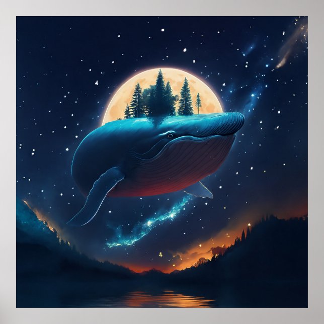 Flying Humpback Whale Moonlight Sea Starry Forests Poster (Front)