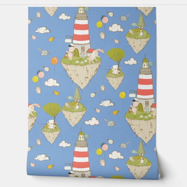 Flying Islands, Lighthous, whimsical Animals Wallpaper (Unrolling)