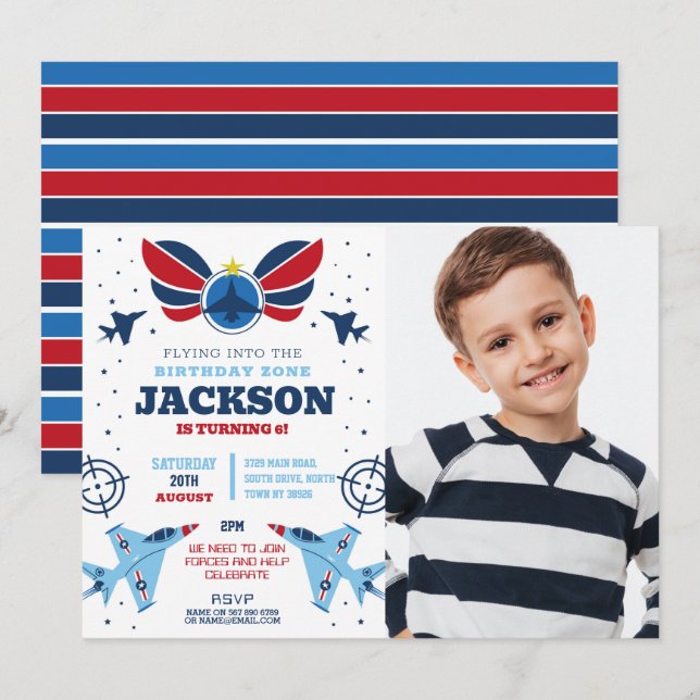 Flying Jet Birthday Boy Planes Army Photo Forces Invitation (Front/Back)