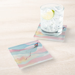 Flying Kite   Airy Watercolor Sky Painting Glass Coaster