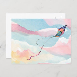 Flying Kite   Airy Watercolor Sky Postcard