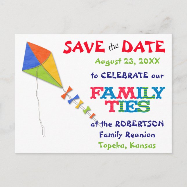 Flying Kite Family Reunion Save the Date Announcement Postcard (Front)