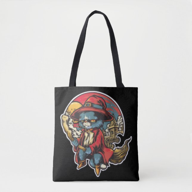 Flying Kitty Cat Witch Illustration Tote Bag (Front)