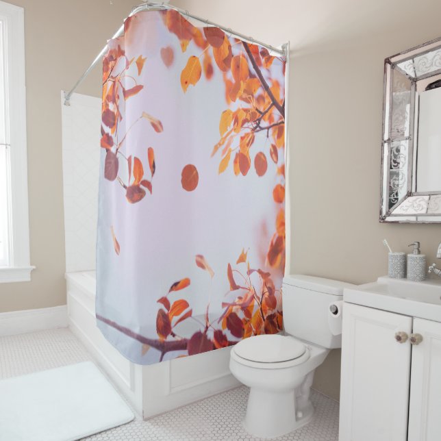 Flying Leaves In Fall Season On Lavender Sky  Shower Curtain (In Situ)