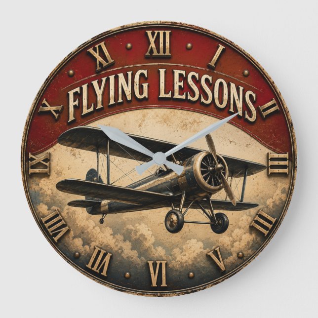 Flying Lessons Vintage Biplane Classic Aviation  Large Clock (Front)