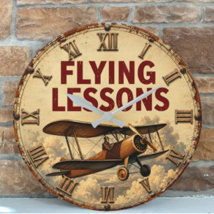 Flying Lessons Vintage Biplane Retro Flight School Large Clock