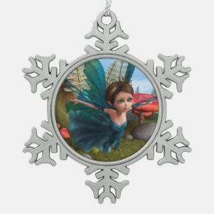 Flying Little Fairy Butterfly Snowflake Pewter Christmas Ornament