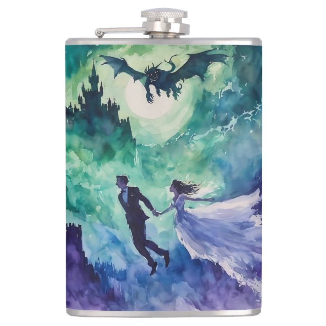 Flying Lovers - Watercolor Painting Hip Flask (Front)