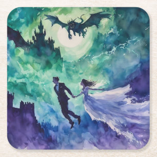 Flying Lovers - Watercolor Painting Square Paper Coaster