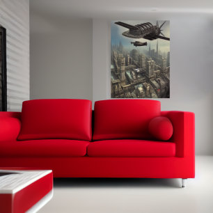 Flying machine over a Dieselpunk ci AI Art Poster