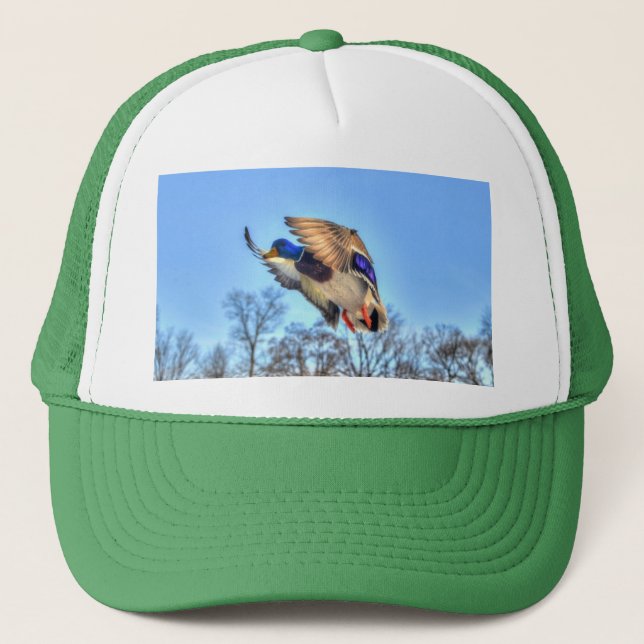 Flying Mallard Duck Drake Wildlife Photo Trucker Hat (Front)