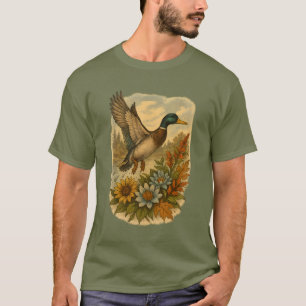 Flying Mallard Duck with Wildflowers Art T-Shirt