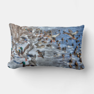 Flying Mallard Ducks & Drake Wildlife Photo Lumbar Cushion