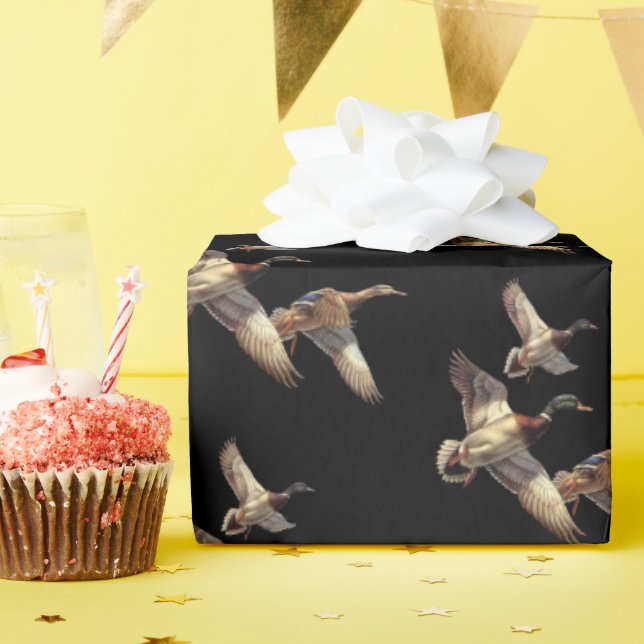 Flying Mallard Ducks On Black Wrapping Paper (Birthday Party)