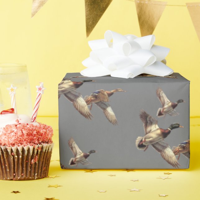 Flying Mallard Ducks On Grey Wrapping Paper (Birthday Party)