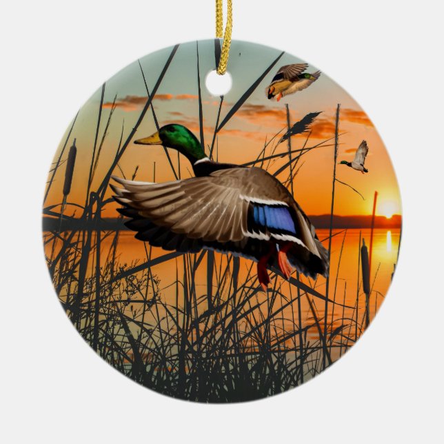 Flying Mallard Ornament, Duck Hunting  Ceramic Ornament (Front)