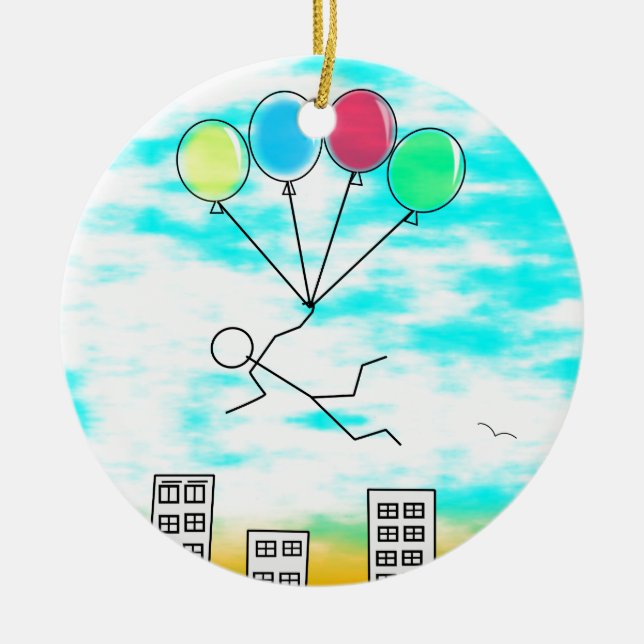 Flying Over The City With Balloons Ceramic Tree Decoration (Front)
