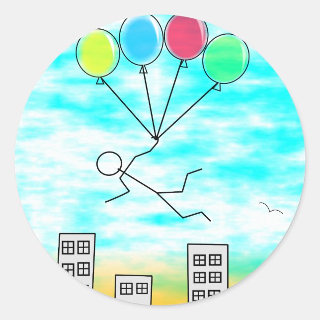 Flying Over The City with Balloons Classic Round Sticker (Front)